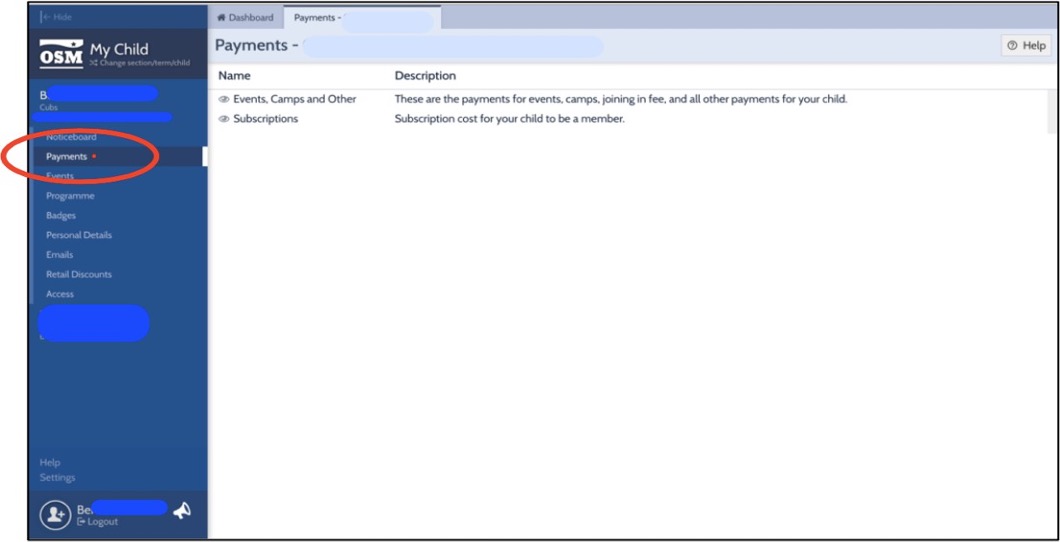 The Payments tab in Online Scout Manager